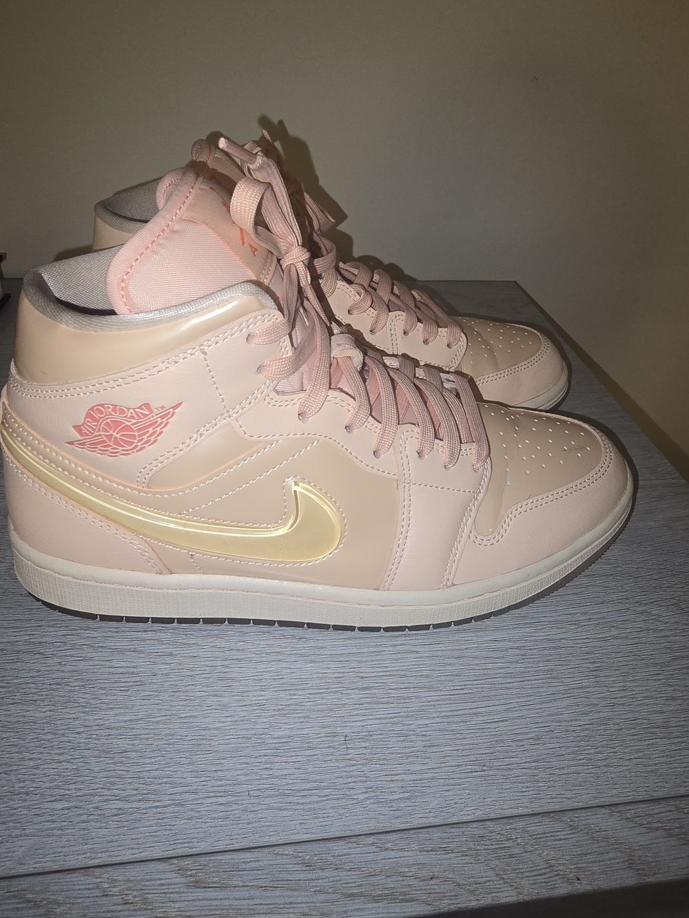 Nike Mid-Top Sneakers in Pale Pink with Gold Swoosh